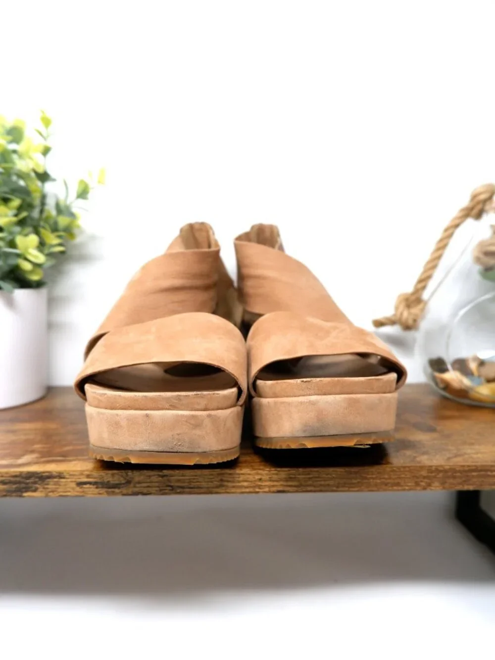 Eileen Fisher Elon Tan Leather Platform Crisscross Wedge Sandal Size‎ 9.5